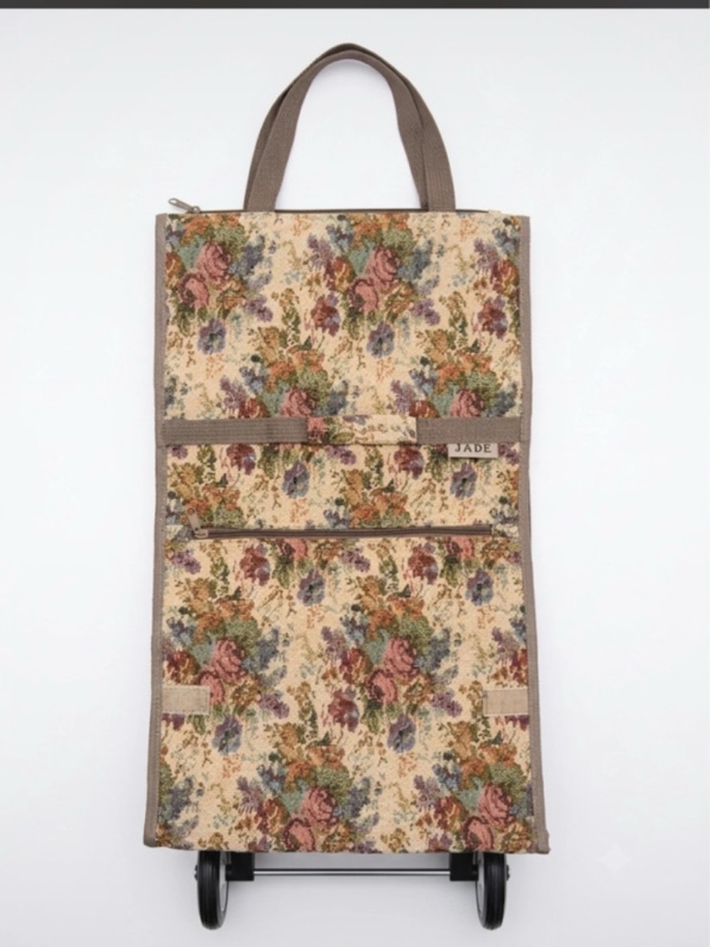 Vintage Floral Tapestry Rolling Shopping Tote by JADE - Beige Multi